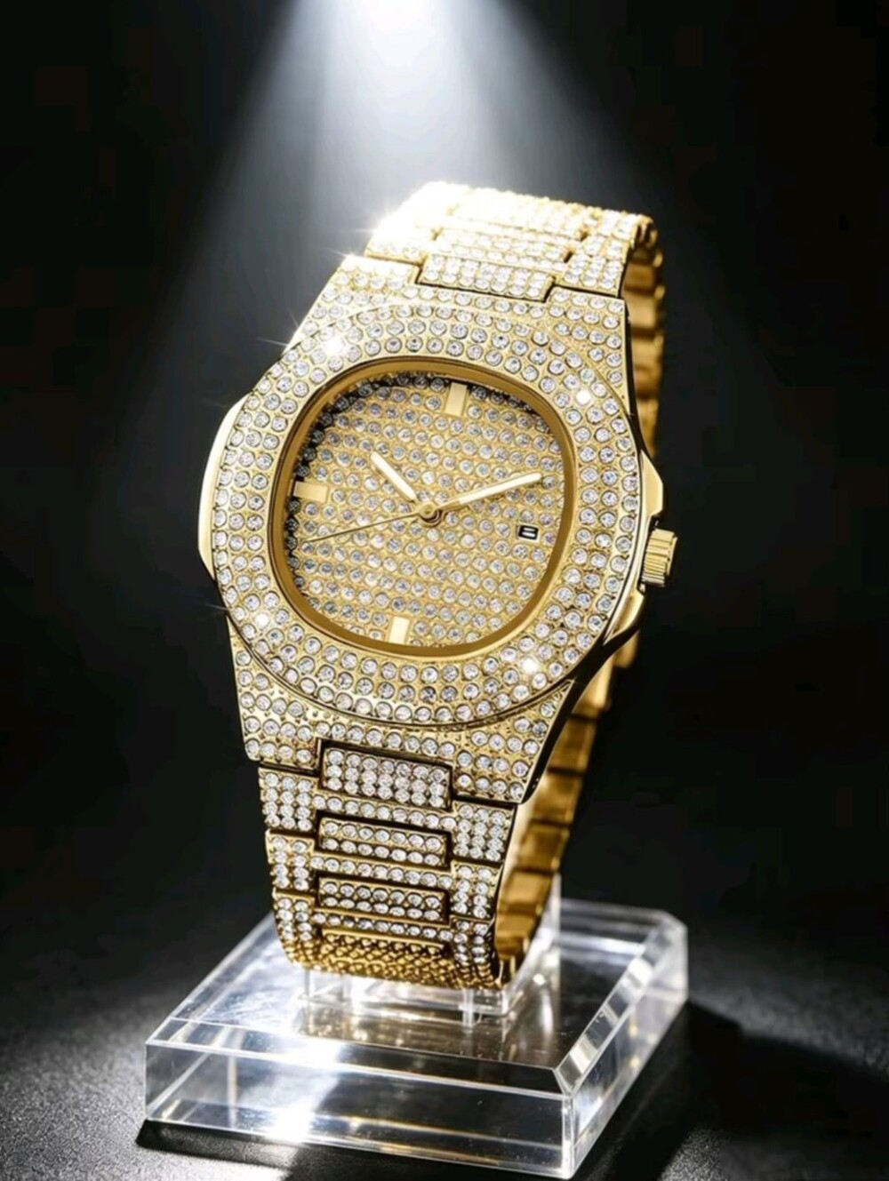 Men's Gold 1Pc Full Rhinestone Luxury Quartz Watch